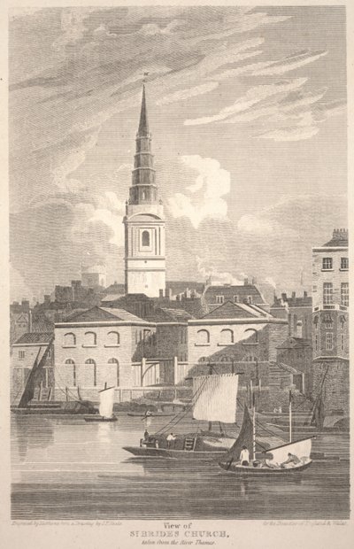 Utsikt over St. Brides Church, tatt fra Themsen, gravert av Matthews av John Preston Neale