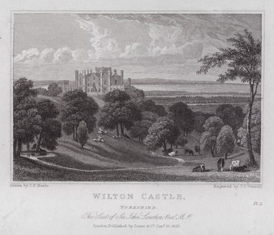Wilton Castle, Yorkshire, setet til Sir John Lowther (gravering) av John Preston Neale