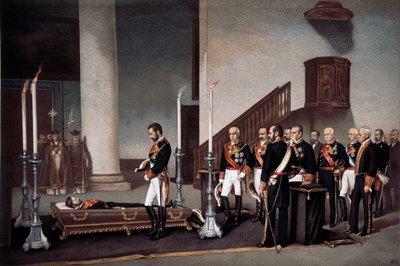 Kong Amedeo I foran general Prims kiste, gravering av J. Palacios av J. Palacios