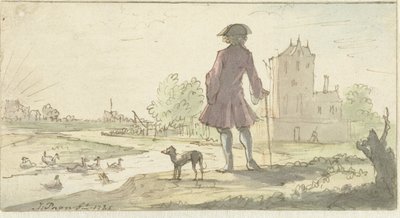 Mann med hund nær vann av J. Paon (signed by artist)