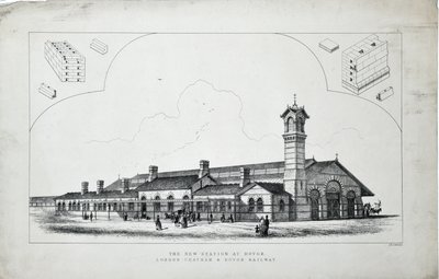 Ny stasjon på Dovor (sic). London, Chatham og Dovor Railway. 1860 (radering på papir) av J. R. Jobbins