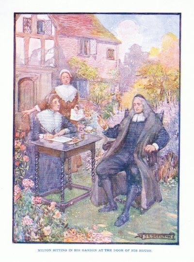 Milton sitter i hagen sin ved døren til huset hans, fra English Literature pub. av T C & EC Jack, ca. 1920 av J. R. Skelton