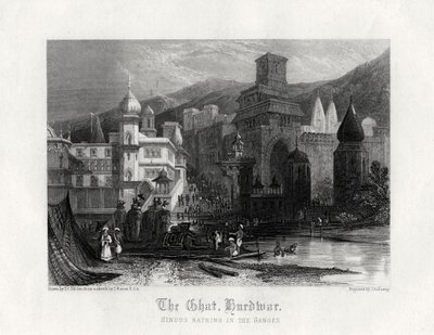 Ghat, Hurdwar, hinduer som bader i Ganges, 1800-tallet av J. Redaway