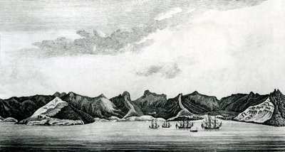 En utsikt over Cumberland Bay på øya Juan Fernandes, ca. 1745 (gravering) av J. S. Mason