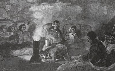 Interiøret i vinterhytta vår på Camp Clay, under matlaging, pub fra 1883. London 1886 av J. Steeple Davis