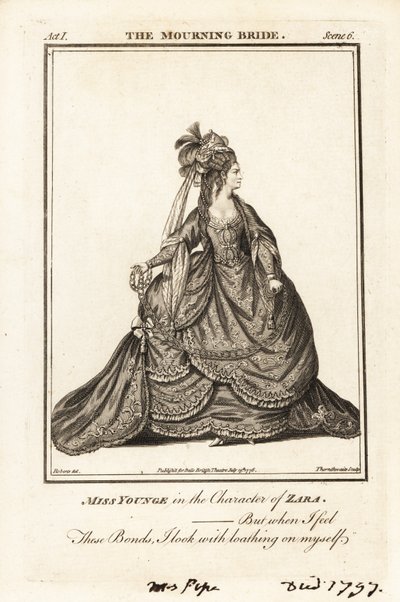Frøken Elizabeth Younge i karakteren til Zara i William Congreves The Mourning Bride av J. Thornthwaite