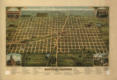 Fugleperspektiv av Mattoon, Illinois 1884. av J. W. Shober and Carqueville Smith