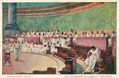 Cicero angriper Catilina i senatet i det gamle Roma (farge litho) av J. Williamson