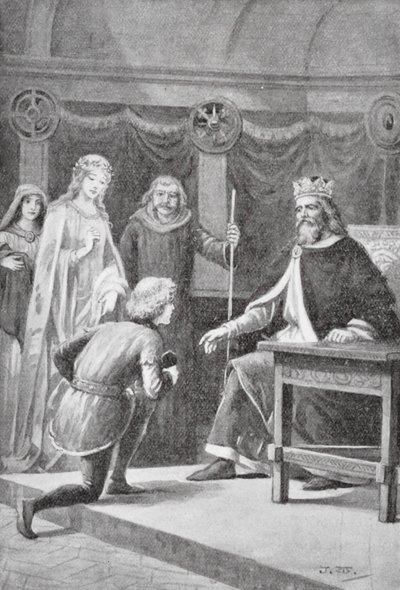 Gareth kom for å be om sin andre tjeneste, at han skulle bli en av kongens riddere og få lov til å hjelpe damen (litografi) av J. Williamson