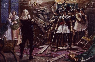 Oliver Cromwells parlamentariske soldater bryter seg inn i huset til en tilhenger av kong Charles I (farge litho) av J. Williamson