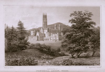 Sør-vest utsikt over Fonthill Abbey, gravert av T. Higham, 1823 av J. after Rutter