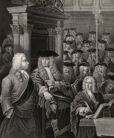 Underhuset i Sir Robert Walpoles administrasjon, gravert av R. Page, fra 'The Works of William Hogarth', utgitt 1833 (se 132107) av J. and Hogarth, W. Thornhill