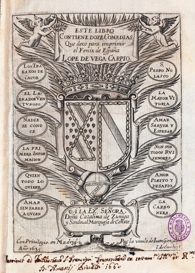 Halvtittelside av samling av tolv komedier av Felix Lope av Vega Carpio (1562-1635 av J. de (after) Courbes