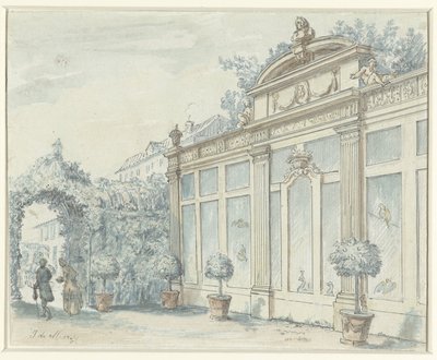 Utsikt i en fransk hage med herre og dame av J. de Marsy