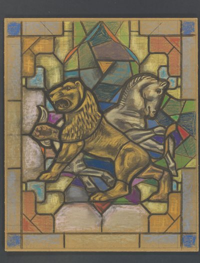 Design for et glassmaleri med en løve og hest av Jaap Weyand