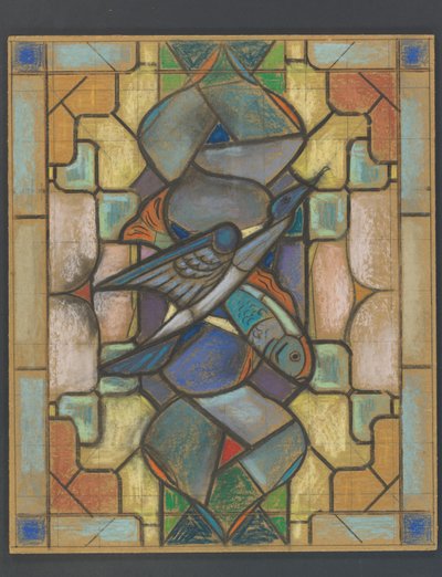 Design for et glassmaleri med en fugl og fisk av Jaap Weyand