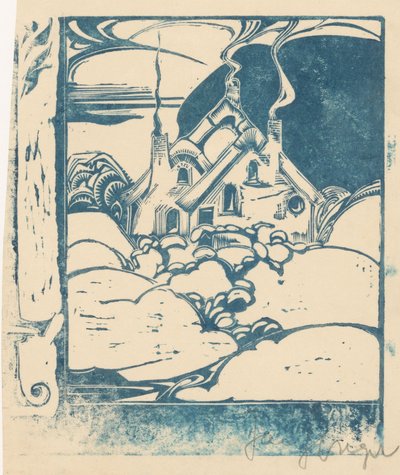 Hus med rykende skorsteiner i et kupert landskap av Jac Jongert (signed by artist)