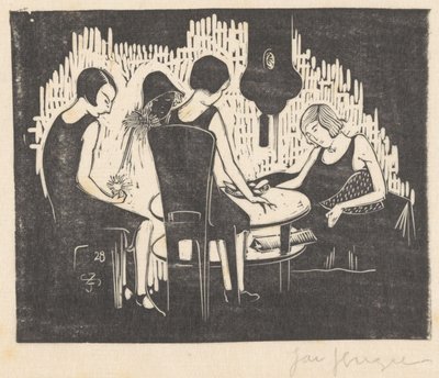 Fire kvinner sitter ved et bord av Jac Jongert (signed by artist)