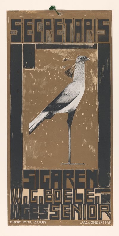 Annonse for Secretary Cigars, med fugl Secretary Cigars WG Boele WGBS Senior (tittel på objekt) av Jac Jongert