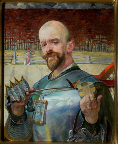 Selvportrett i rustning med fioliner av Jacek Malczewski