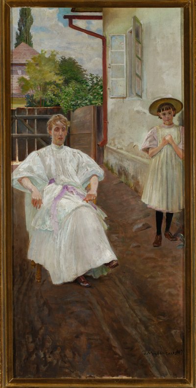 Foran huset - kunstnerens kone og datter av Jacek Malczewski
