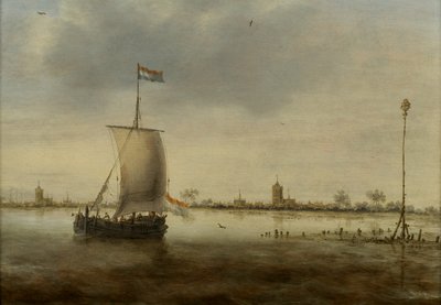 Et seilskip langs kysten av en nederlandsk by som antas å være Schoonhoven av Jacob Adriaensz. Bellevois