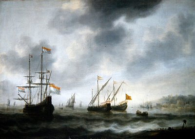 Det nederlandske flaggskipet De Roode Leeuw og to engelske fartøyer (olje på lerret) av Jacob Adriaensz. Bellevois