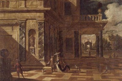 Arkitektoniske capricci med elegante figurer av Jacob Balthasar Peeters