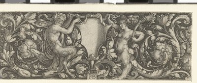 Frise med et skjold båret av en mannlig og en kvinnelig satyr av Jacob Binck (signed by artist)