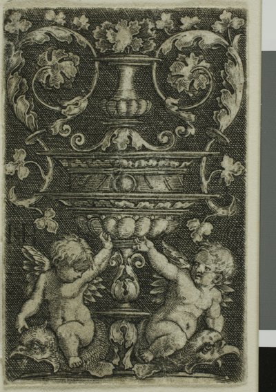Ornament med vase og to Genii ved foten av Jacob Binck