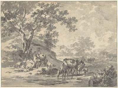 Landschaft mit Hirte und Vieh unter Baum am Wasser von Jacob  Cats