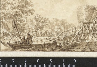 Landschaft mit Fischern in einem Boot und Heuwagen auf einer Brücke von Jacob  Cats