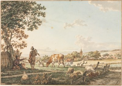 Pastoralt landskap med landsby, 1799. av Jacob Cats