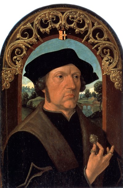 ""Portrett av en mann"" (Portrett av en mann) Portrett av en mann fra det nederlandske borgerskapet, med en sølvjuvel i hånden. Maleri av Jacob Cornelisz van Oostsanen (cirka 1470-cirka 1533) Eremitagemuseet St. Petersburg av Jacob Cornelisz van Oostsanen