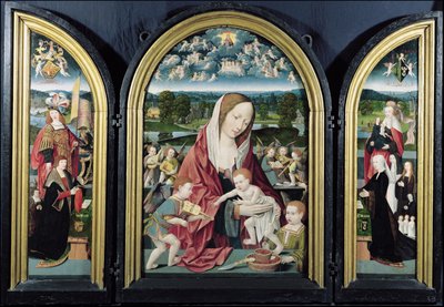 Jomfru og barn med musikkskapende engler og Sampsons-Coolen-familien, Triptych, 1500-1525 av Jacob Cornelisz van Oostsanen