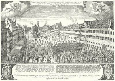 Byen Augsburg hyller Gustavus Adolphus av Sverige av Jacob Custodis