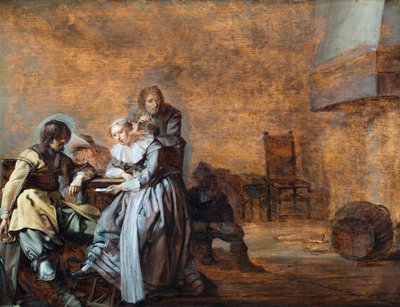 Et interiør med kavalerer og en kvinne som spiller kort (olje på panel) av Jacob Duck