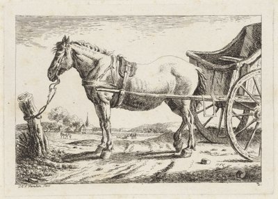 Stående hest, koblet foran en vogn Seks trykk etter tegninger av forskjellige mestere (serietittel) av Jacob Elias van Varelen