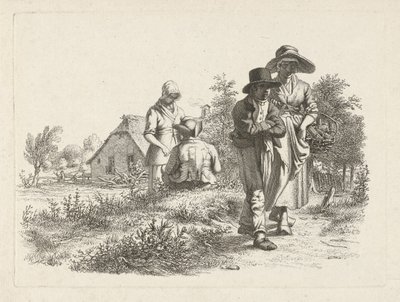 Blind kvinne og samtalende skikkelser på en gård Studietrykk / Etudes gravées (serietittel) av Jacob Ernst Marcus