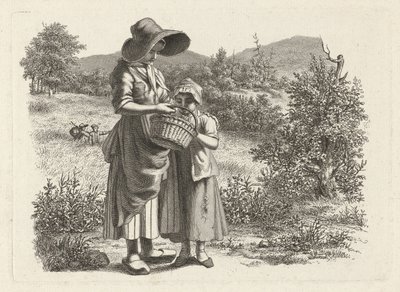 Ung kvinne og et barn ser i en kurv Studietrykk / Etudes gravées (serietittel) av Jacob Ernst Marcus