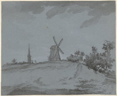 Landskap med vindmølle og kirke på en høyde av Jacob Ernst Marcus