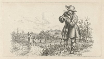 Mann lener seg på en pinne og en kvinne med et barn på en landevei Studietrykk / Etudes gravées (serietittel) av Jacob Ernst Marcus