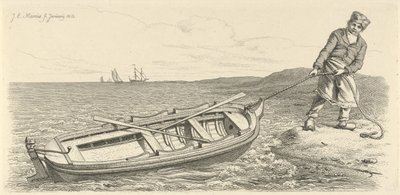 Mann trekker robåten sin på land Studietrykk / Etudes gravées (serietittel) av Jacob Ernst Marcus