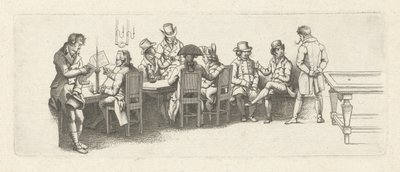 Menn i et kaffehus med biljardbord Studietrykk / Etudes gravées (serietittel) av Jacob Ernst Marcus