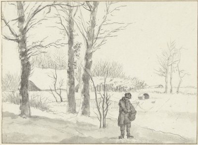 Snølandskap med stående mann av Jacob Ernst Marcus