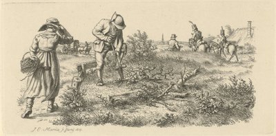 Gravende mann, en kvinne med kurv og soldater til hest Studietrykk / Etudes gravées (serietittel) av Jacob Ernst Marcus