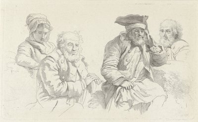 Studieark med tre gamle menn og en ung kvinne Studietrykk / Etudes gravées (serietittel) av Jacob Ernst Marcus