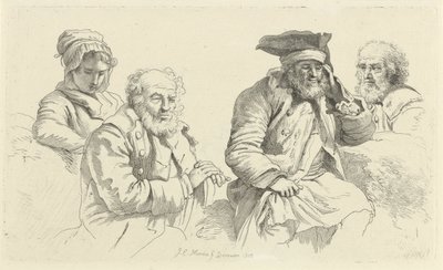 Studieark med tre gamle menn og en ung kvinne Studietrykk / Etudes gravées (serietittel) av Jacob Ernst Marcus