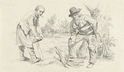 Studieark med en vedplukker og en mann med sag Studietrykk / Etudes gravées (serietittel) av Jacob Ernst Marcus