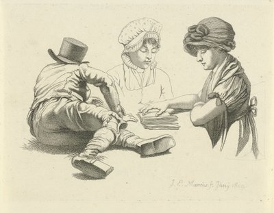 Studieark med en liggende mann og to damer Studietrykk / Etudes gravées (serietittel) av Jacob Ernst Marcus
